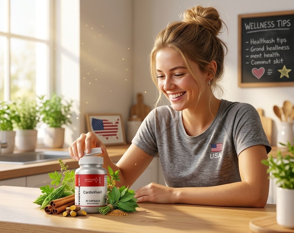 Woman opening a bottle of Cardiovive in a bright kitchen with fresh herbs