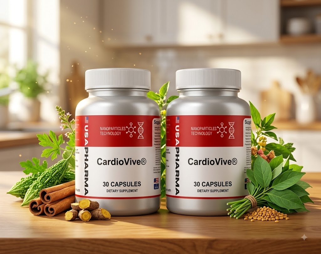 Two bottles of Cardiovive surrounded by fresh natural ingredients