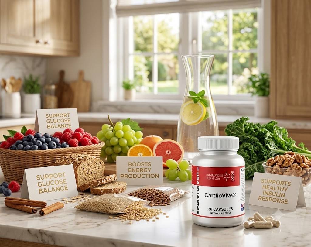 Cardiovive bottle on a kitchen counter with fruits, whole grains, nuts and leafy greens
