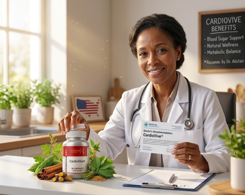 Healthcare professional holding a bottle of Cardiovive next to natural ingredients